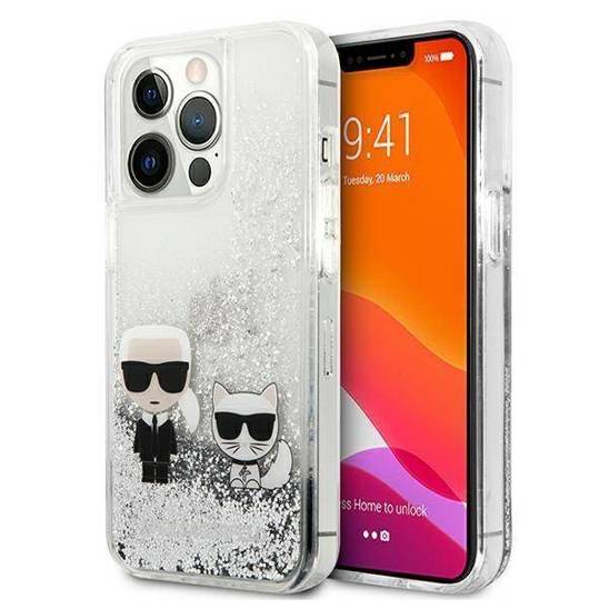 Oryginalne Etui IPHONE 13 PRO Karl Lagerfeld Hardcase Liquid Glitter Karl&Choupette (KLHCP13LGKCS) srebrne