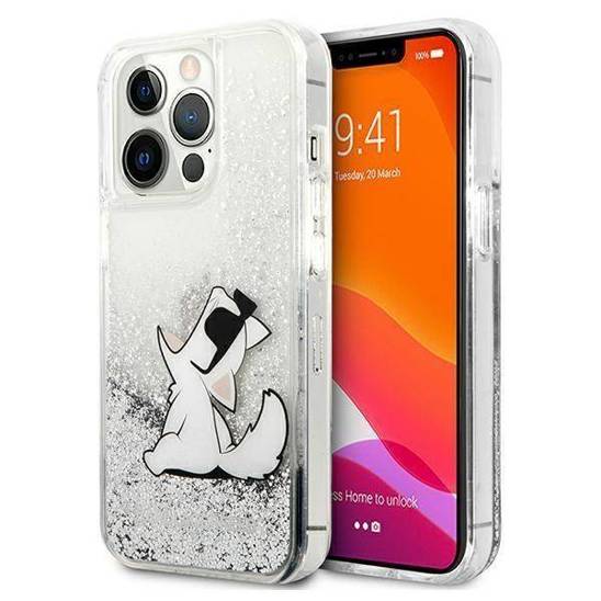 Oryginalne Etui IPHONE 13 PRO MAX Karl Lagerfeld Hardcase Liquid Glitter Choupette Fun (KLHCP13XGCFS) srebrne