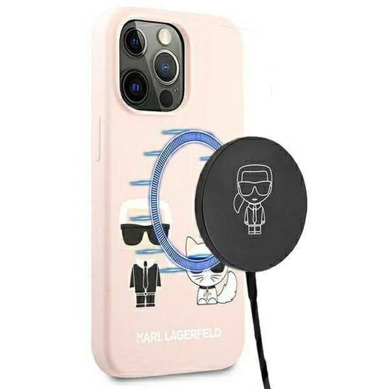 Oryginalne Etui IPHONE 13 PRO MAX Karl Lagerfeld Hardcase Silicone Karl & Choupette Magsafe (KLHMP13XSSKCI) jasny róż