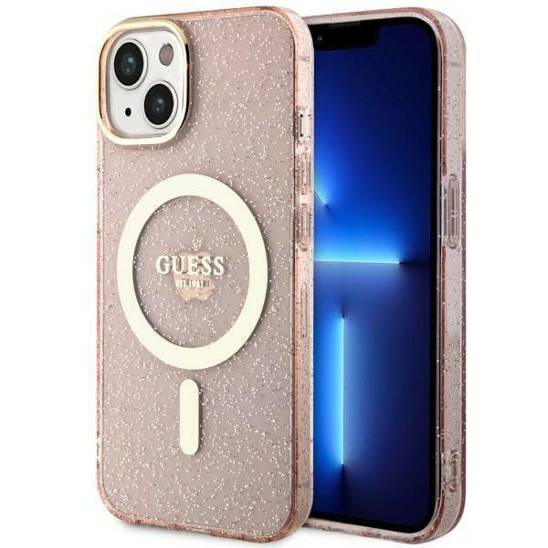 Oryginalne Etui IPHONE 14 Guess Hardcase Glitter Gold MagSafe (GUHMP14SHCMCGP) różowe