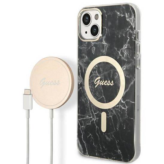 Oryginalne Etui IPHONE 14 Guess Hardcase Marble MagSafe + Wireless Charger (GUBPP14MH4EACSP) czarne