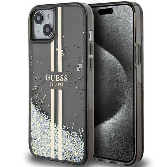 Oryginalne Etui IPHONE 14 PLUS / 15 PLUS Guess Hardcase Liquid Glitter Gold Stripes (GUHCP15MLFCSEGK) czarne