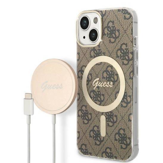 Oryginalne Etui IPHONE 14 PLUS Guess Hardcase 4G Print MagSafe + Wireless Charger (GUBPP14MHMEACSK) brązowe