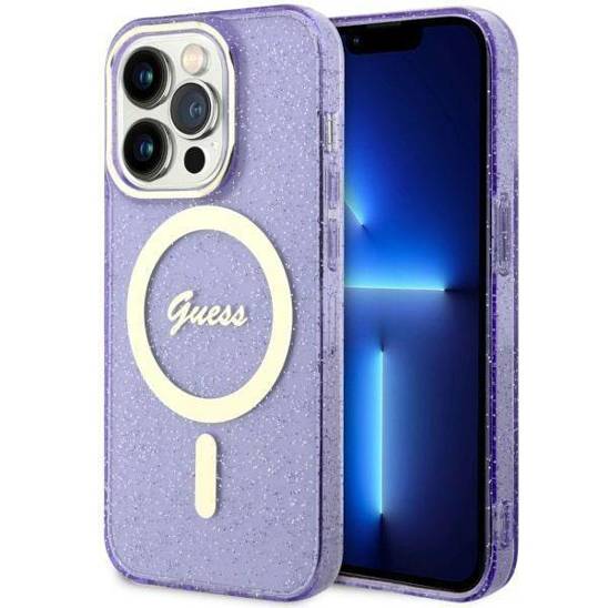 Oryginalne Etui IPHONE 14 PRO Guess Hardcase Glitter Gold MagSafe (GUHMP14LHCMCGU) fioletowe