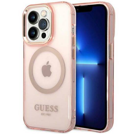 Oryginalne Etui IPHONE 14 PRO MAX Guess Hard Case Gold Outline Translucent MagSafe (GUHMP14XHTCMP) różowe