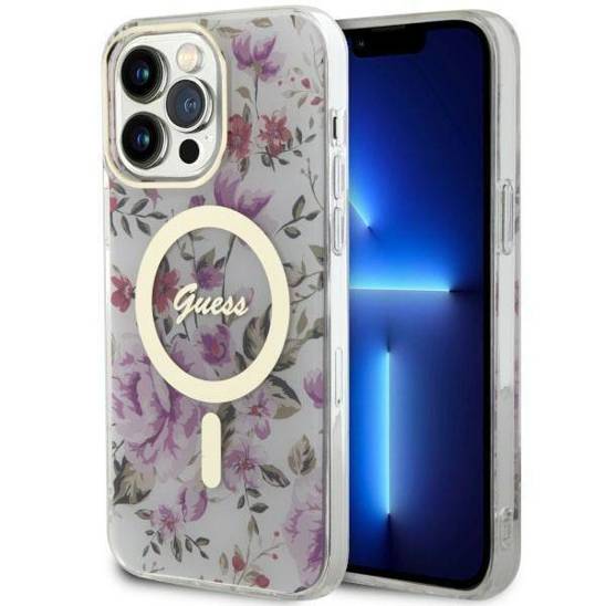 Oryginalne Etui IPHONE 14 PRO MAX Guess Hardcase Flower MagSafe (GUHMP14XHCFWST) transparentne