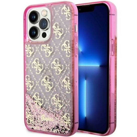 Oryginalne Etui IPHONE 14 PRO MAX Guess Hardcase Liquid Glitter 4G Transculent (GUHCP14XLC4PSGP) różowe