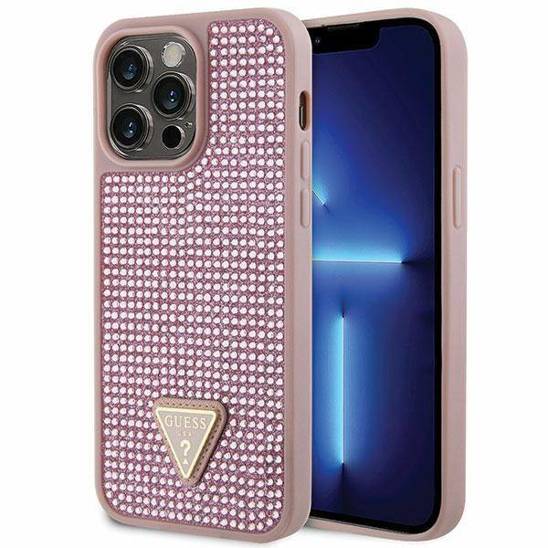 Oryginalne Etui IPHONE 14 PRO MAX Guess Hardcase Rhinestone Triangle (GUHCP14XHDGTPP) różowe