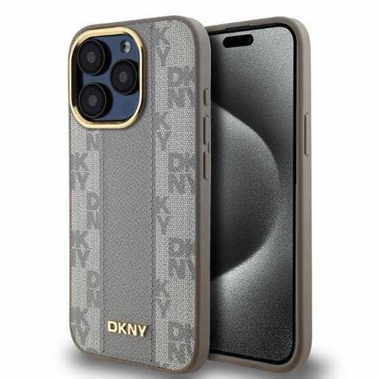 Oryginalne Etui IPHONE 15 PRO DKNY Hardcase Leather Checkered Mono Pattern MagSafe (DKHMP15LPCPVSLE) beżowe