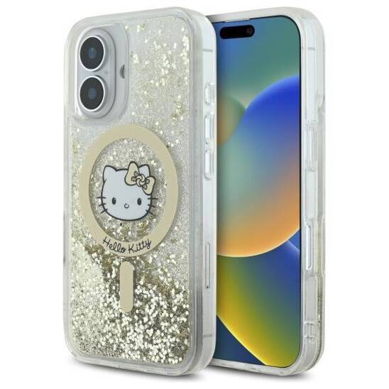 Oryginalne Etui IPHONE 16 Hello Kitty Hardcase Liquid Glitter Fever MagSafe (HKHMP16SLGDIH) złoto-białe