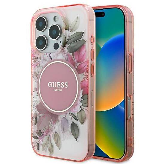 Oryginalne Etui IPHONE 16 PRO Guess Hardcase IML Flower & Tonal Circle MagSafe (GUHMP16LHFWBDCEP) różowe