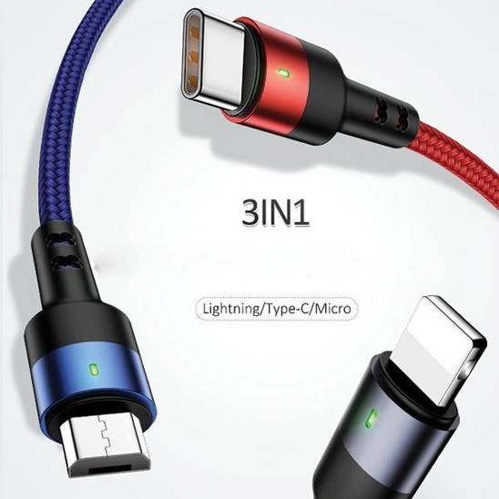 USAMS Kabel pleciony U26 3w1 0.35m 2A Fast Charge (lightning/microUSB/USB-C) SJ410USB01 (US-SJ410)