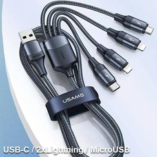 USAMS Kabel pleciony U73 4w1 1.2m 3A Fast Charge (2xlightning/microUSB/USB-C) SJ516USB01 (US-SJ516)